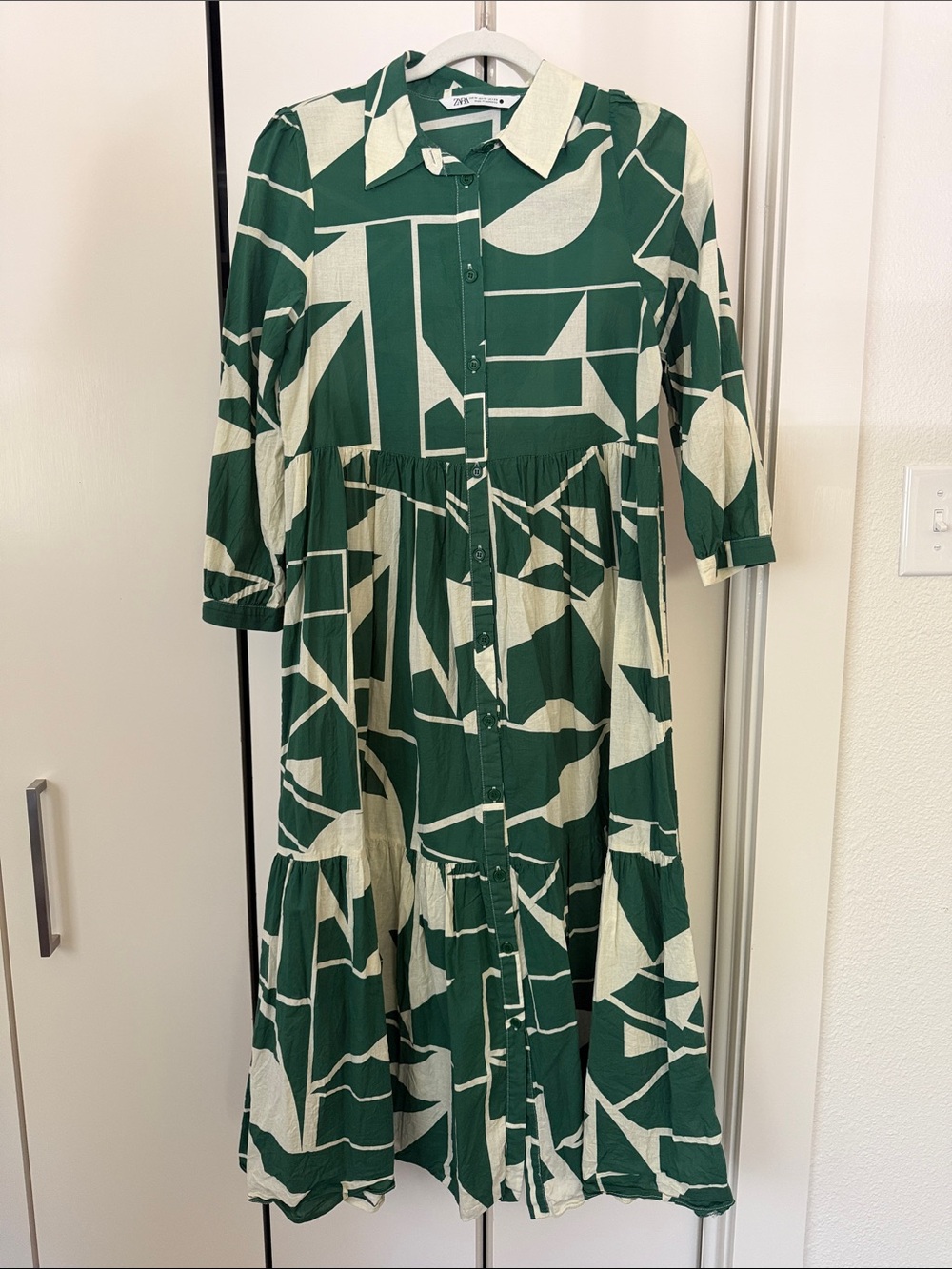 Zara Green and Cream Geometric Maxi Tiered Shirt Dress
